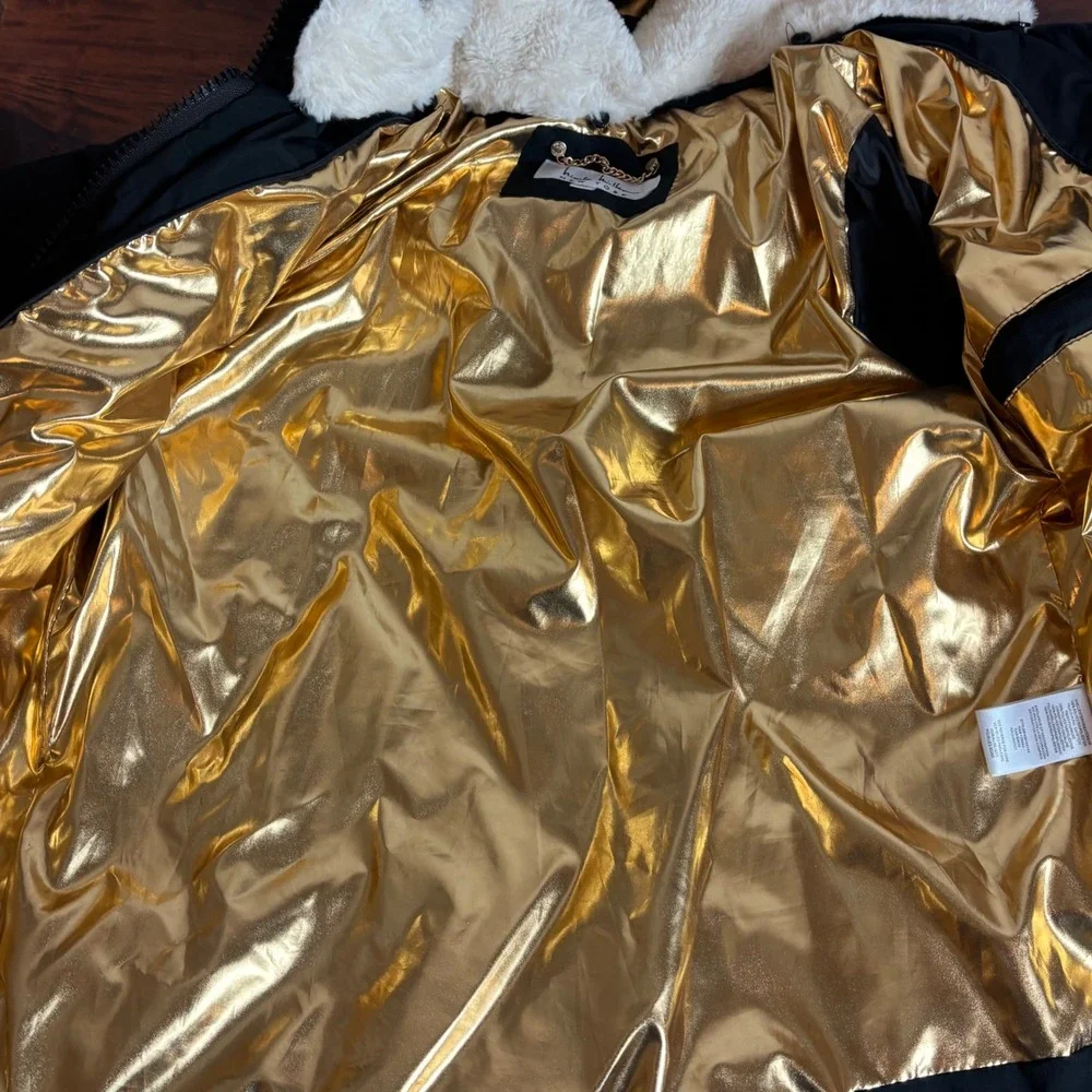 Nicole Miller New York Womens Black Gold Puffer‎ Jacket Metallic Hooded Size M
